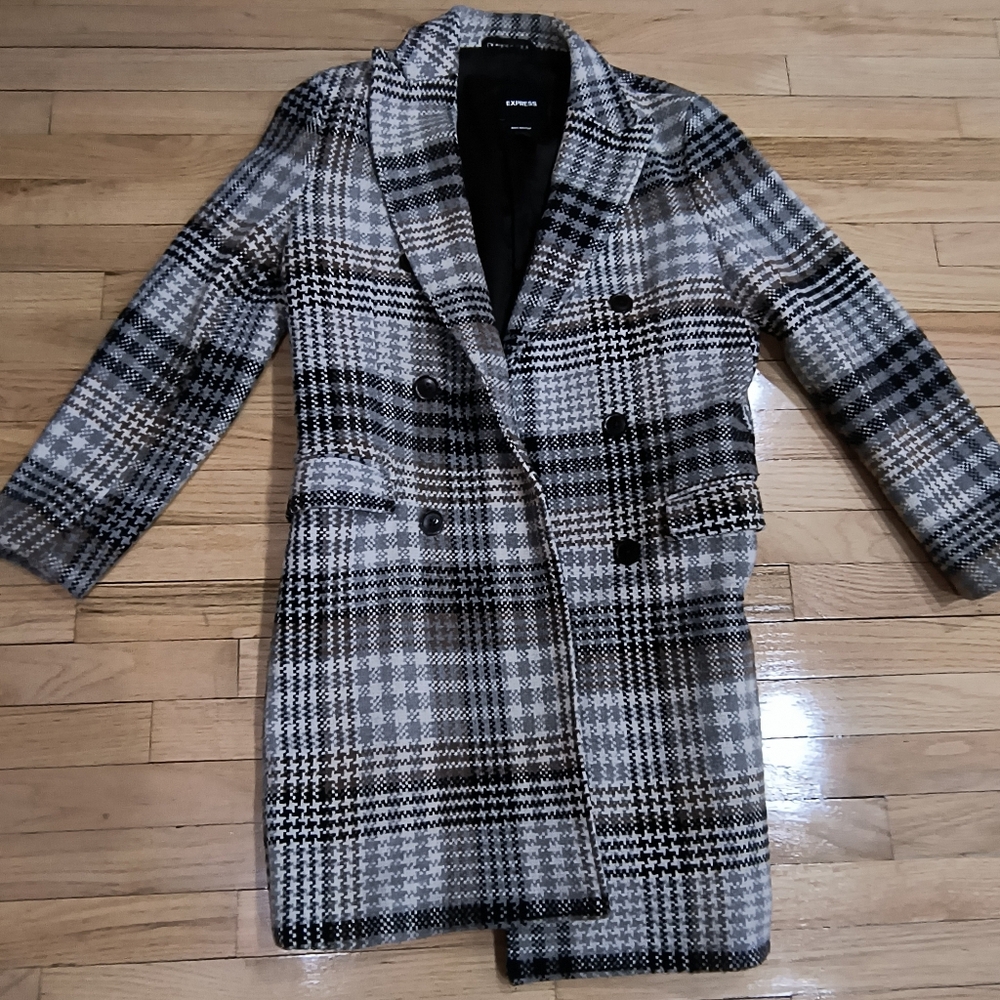 Express Men's Plaid Overcoat - Black & White Mod Check - Size Small - Excellent